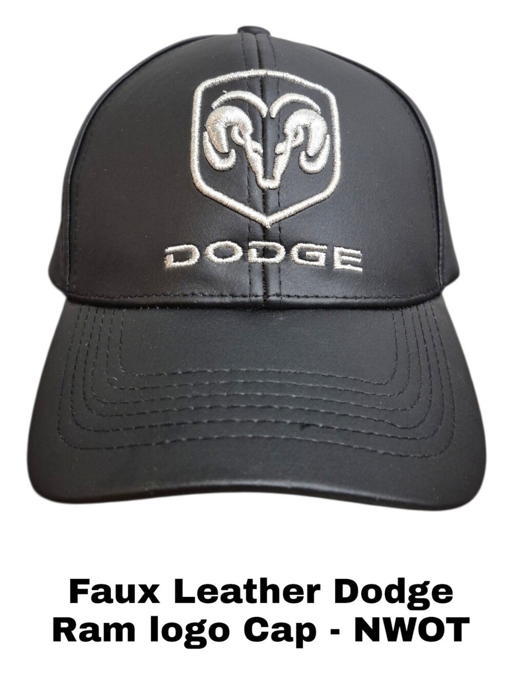 NWOT Black Faux Leather Dodge Ram Embroidered Cap Hat Adjustable